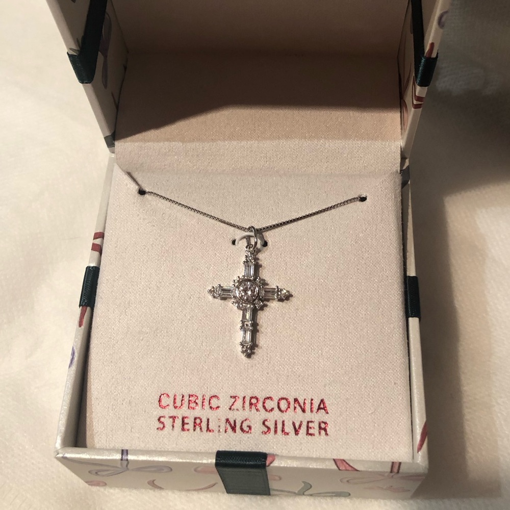 NWT in box H Lane Sterling Silver Cubic Zirconia & Sapphire 18” Cross Necklace